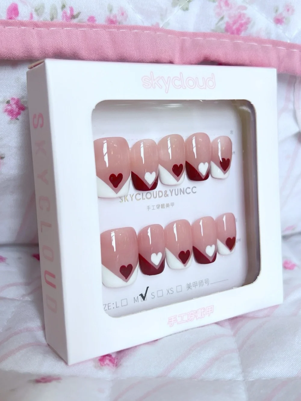 Valentine Press On Nails Red White Heart French Tip Short Square Acrylic Set